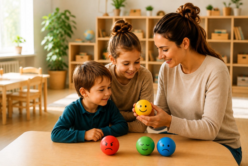 Nauczycielka wspiera dzieci w rozpoznawaniu emocji podczas zajęć w przedszkolu