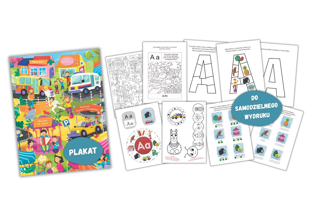 Literkowo – materiały do samodzielnego wydruku dla litery A: plakat, kolorowanka, układanka, wklejki