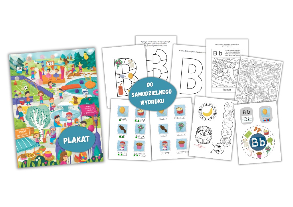 Literkowo – materiały do samodzielnego wydruku dla litery B: plakat, kolorowanka, układanka, wklejki
