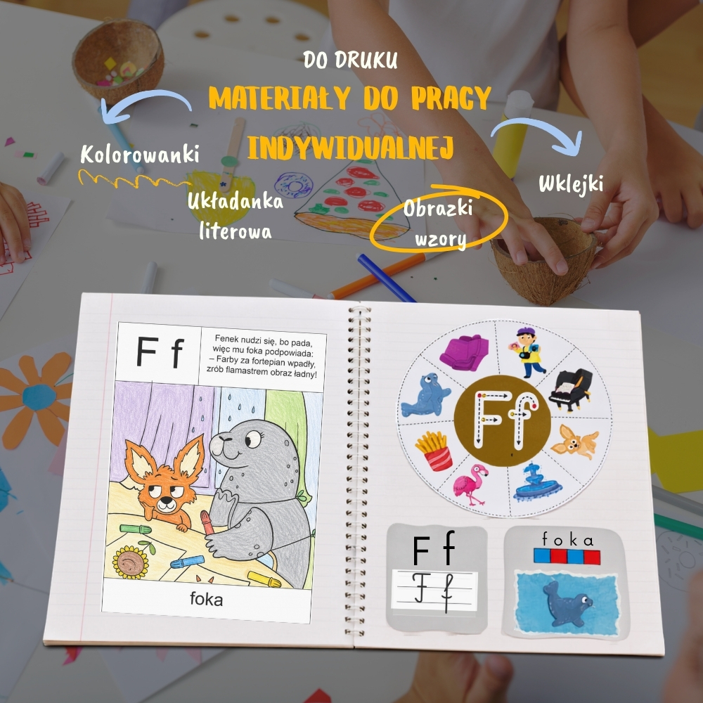 Moje Literkowo – przykładowy zeszyt z literkami dziecka z zadaniami do litery F