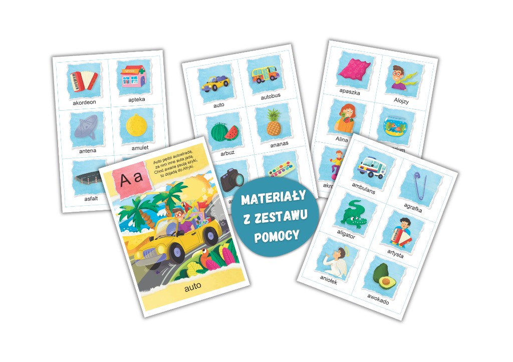 Literkowo – materiały z zestawu pomocy dla litery A: karta pokazowa i obrazki z podpisami