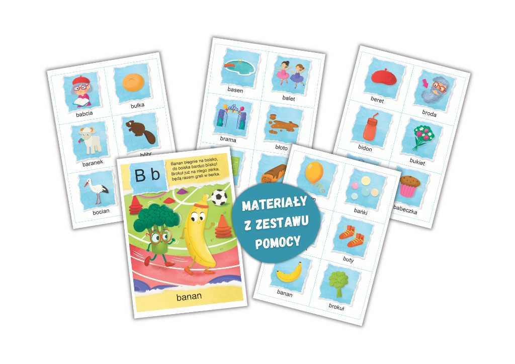 Literkowo – materiały z zestawu pomocy dla litery B: karta pokazowa i obrazki z podpisami