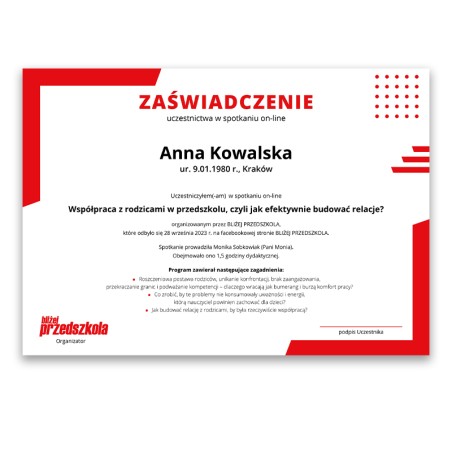 Zaświadczenie: Współpraca z rodzicami w przedszkolu (PDF)
