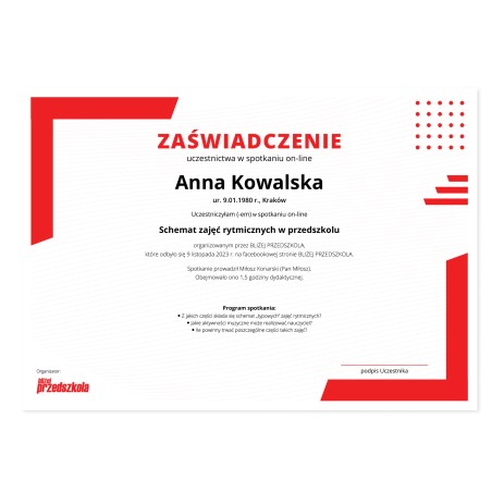 Zaświadczenie: Schemat zajęć rytmicznych w przedszkolu (PDF)