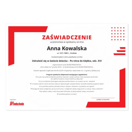 Zaświadczenie: Odnaleźć się w świecie dziecka cz. 2 (PDF)