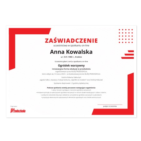 Zaświadczenie: Ogródek warzywny – innowacyjna forma edukacji w przedszkolu (PDF)