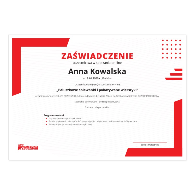 Zaświadczenie: Paluszkowe śpiewanki i pokazywane wierszyki (PDF)