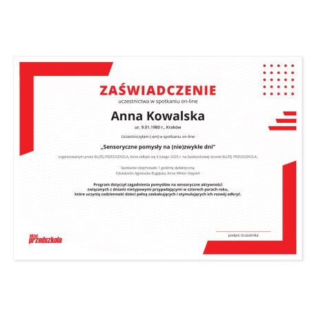 Zaświadczenie: Sensoryczne pomysły na (nie)zwykłe dni (PDF)