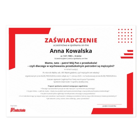 Zaświadczenie: Mamo, tato – patrz! Mój Pan z przedszkola! (PDF)