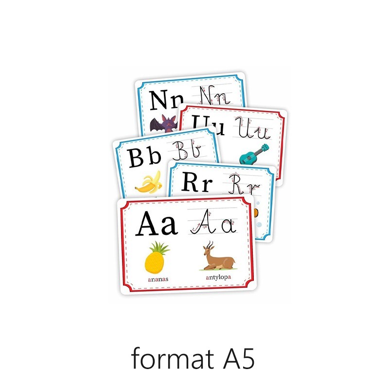 Plansze edukacyjne ALFABET spółgłoski i samogłoski 32 karty, format A5