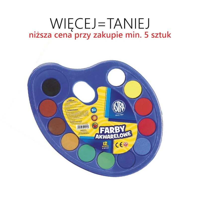 Farby akwarelowe 12 kolorów ASTRA na palecie