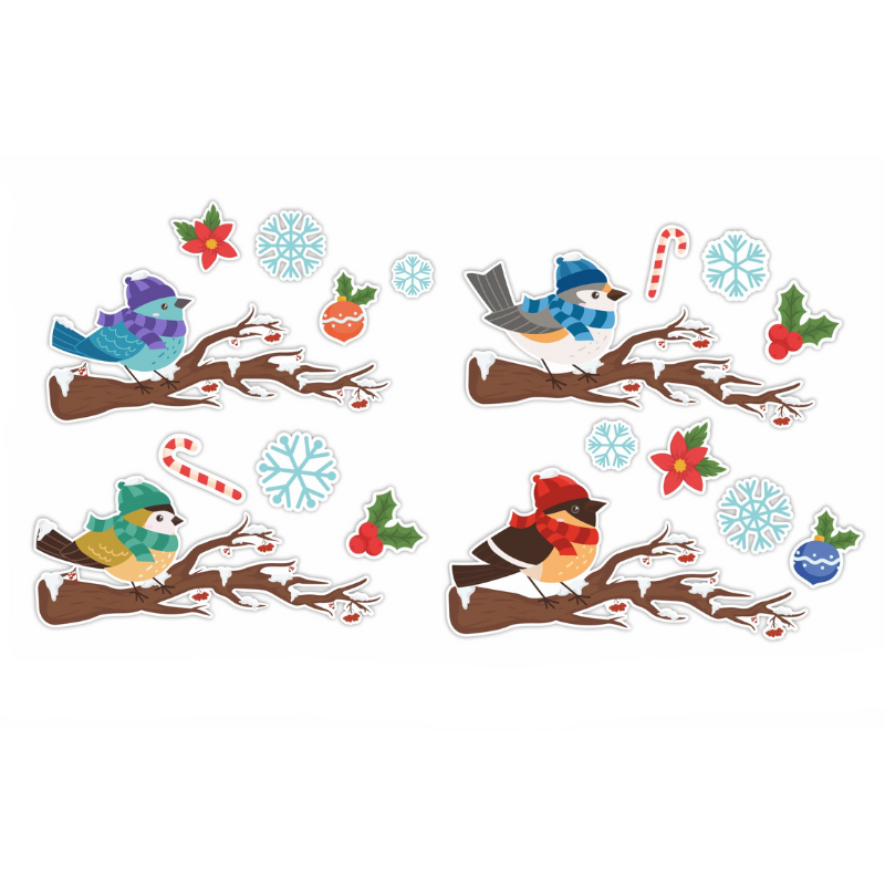 Dekoracja dwustronna - Zimowe ptaszki na gałęzi 18 elementów