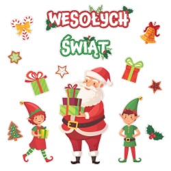 Dekoracja jednostronna - Wesołych Świąt Mikołaj i Elfy 14 elementów