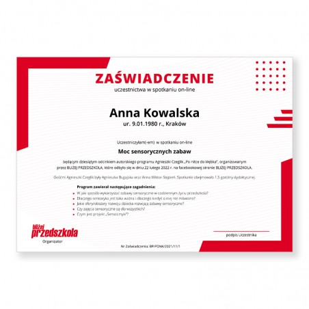 Zaświadczenie: Moc sensorycznych zabaw (PDF)