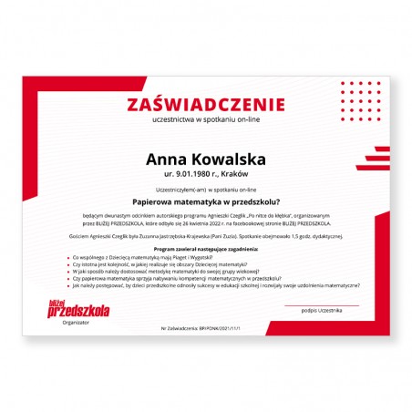 Zaświadczenie: Papierowa matematyka w przedszkolu