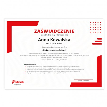 Zaświadczenie: Holistyczne przedszkole