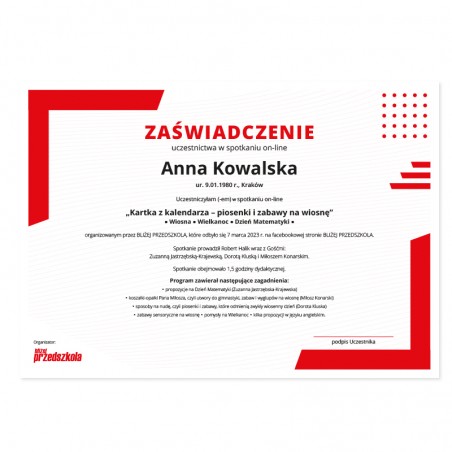Zaświadczenie: Kartka z kalendarza – piosenki i zabawy na wiosnę (PDF)