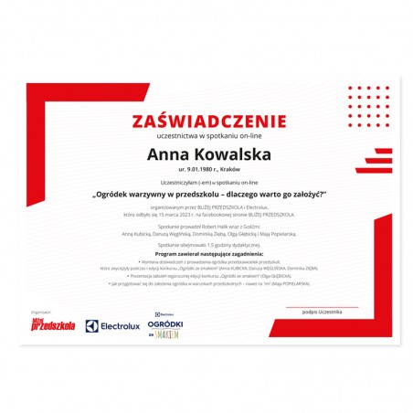 Zaświadczenie: Ogródek warzywny w przedszkolu – dlaczego warto go założyć? (PDF)