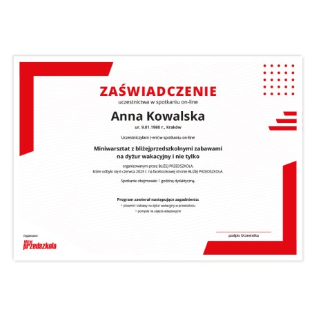 Zaświadczenie: Miniwarsztat z bliżejprzedszkolnymi zabawami na dyżur wakacyjny i nie tylko (PDF)