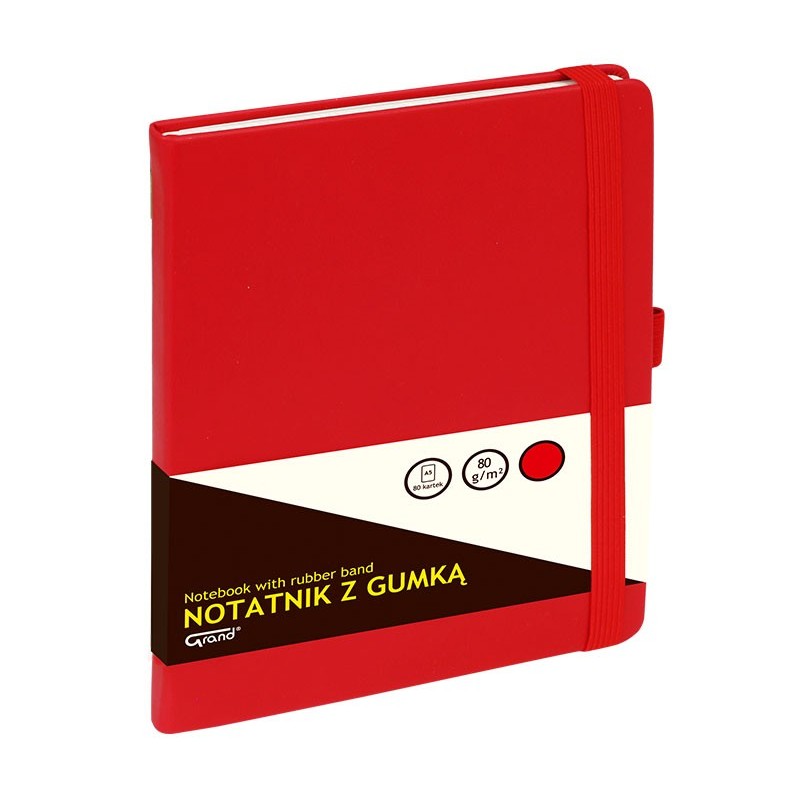 Notatnik A5/80 kartek w kratkę, czerwony, z gumką